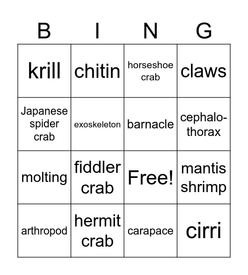 Ch. 10 Crustaceans Bingo Card