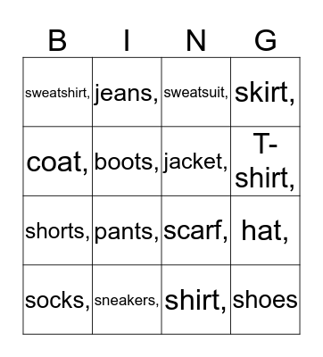 CLOTHES Bingo Card