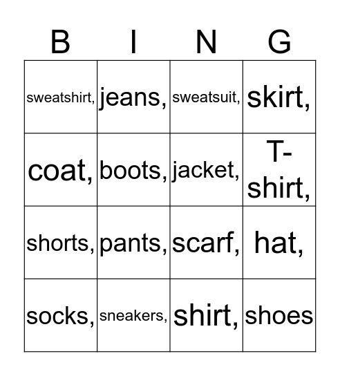 CLOTHES Bingo Card