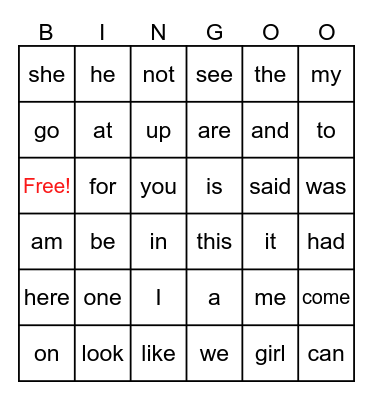 Sight Words 1-3 Bingo Card