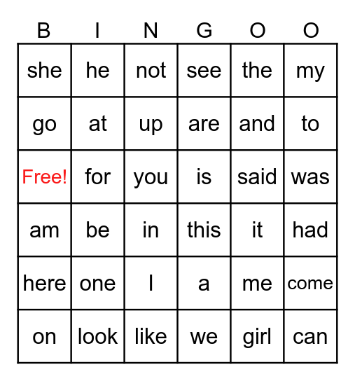 Sight Words 1-3 Bingo Card