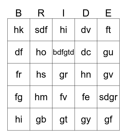 Bridal Bingo Card