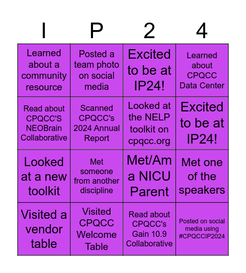 Improvement Palooza 2024 Bingo! Show completed bingo card at CPQCC's Welcome Table to enter to win raffle prize! Bingo Card