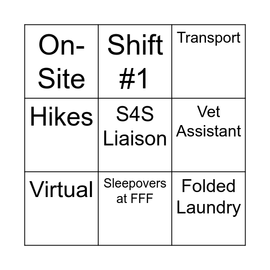 Volunteer Roles Bingo Card