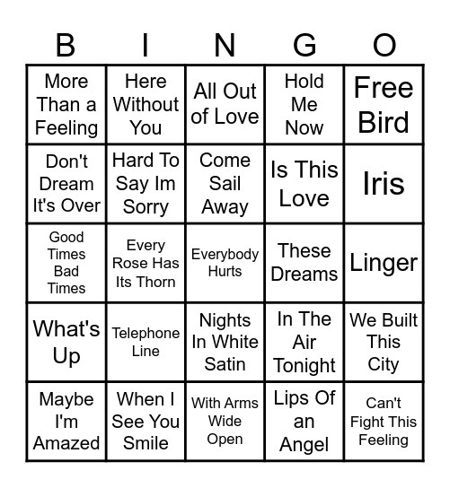 Rock Ballads Bingo Card