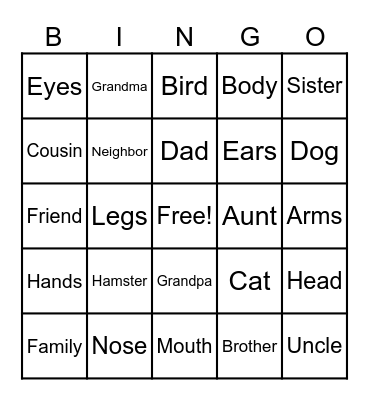 My family and my body Bingo Card