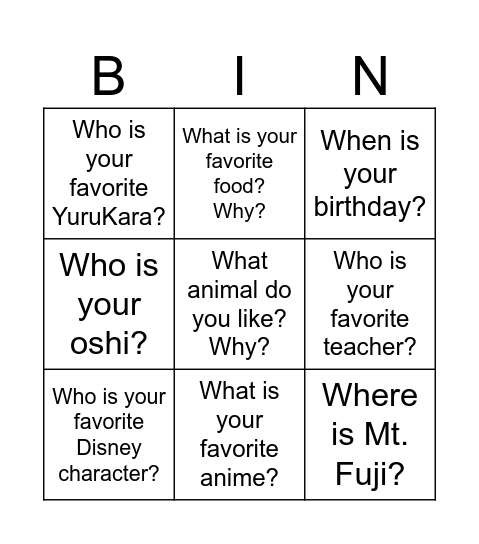 5 Wh Questions Bingo Card
