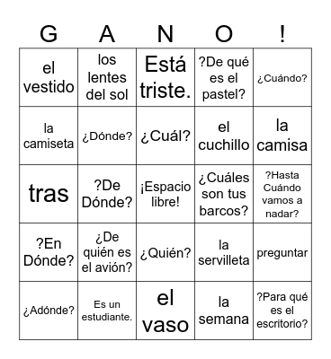 Spanish 1 Bingo Card