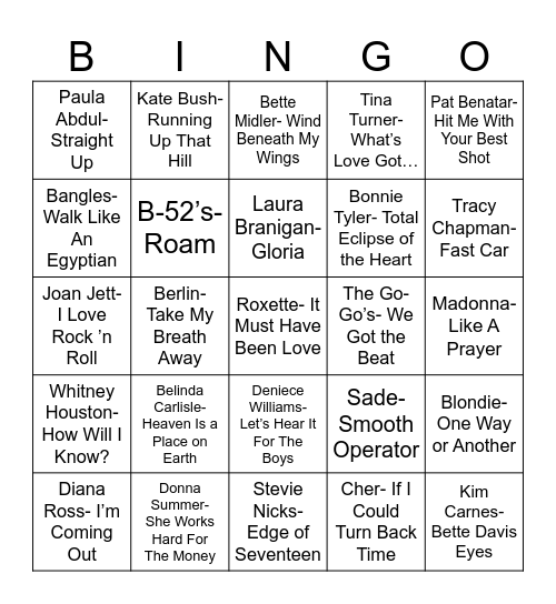 Radio Bingo 80's Ladies Bingo Card