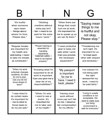 Assertiveness Bingo Card