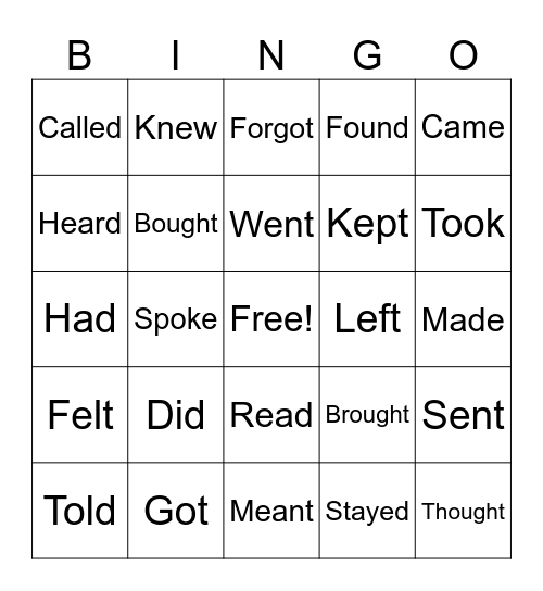 Past Tense Bingo Card
