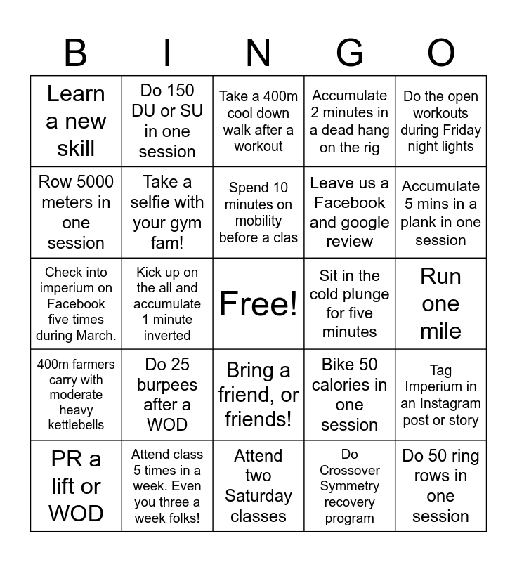 Imperium Bingo Challenge Bingo Card