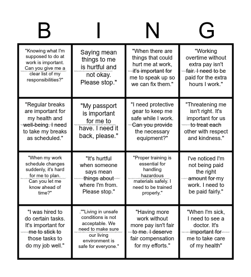 Assertiveness Bingo Card