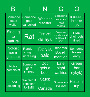 EMU Choir Tour Bingo Card