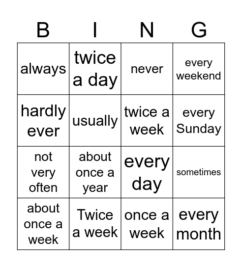 Present Simple adverbs of frequency Bingo Card