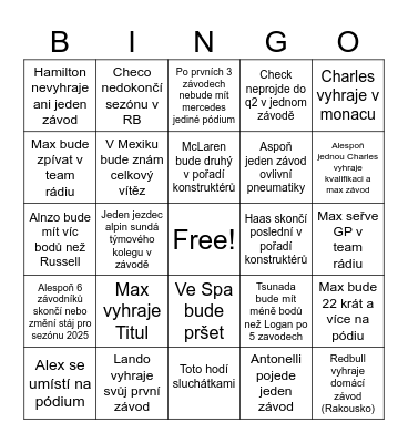 F1 2024 Bingo Card