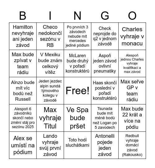 F1 2024 Bingo Card