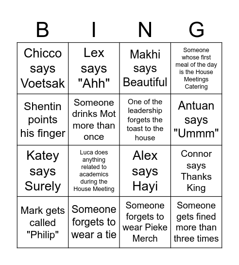 PIEKE House Meeting Term 1 Bingo Card
