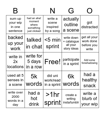 Writing Bingo Card