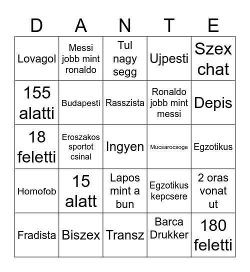 Dunte Bingo Card