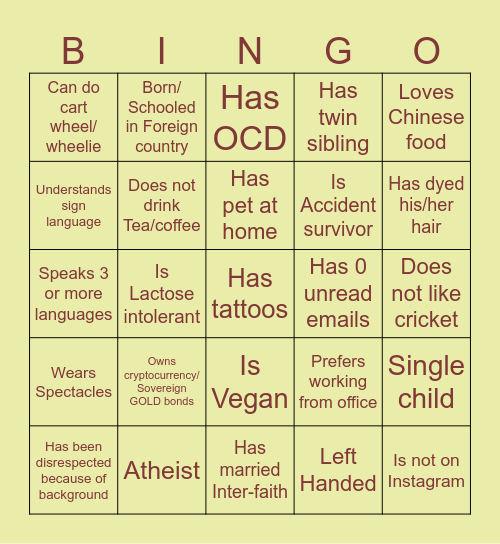 FSNA DEI Bingo Event Bingo Card