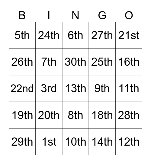Ordinal Numbers Bingo Card