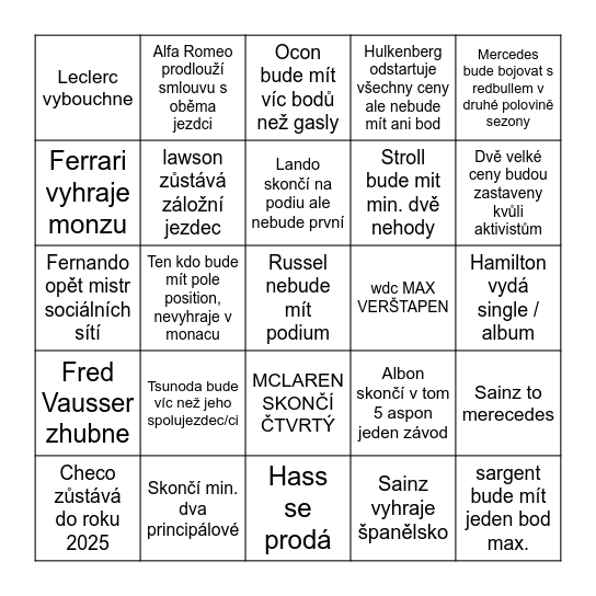 2024 F1 season Bingo Card