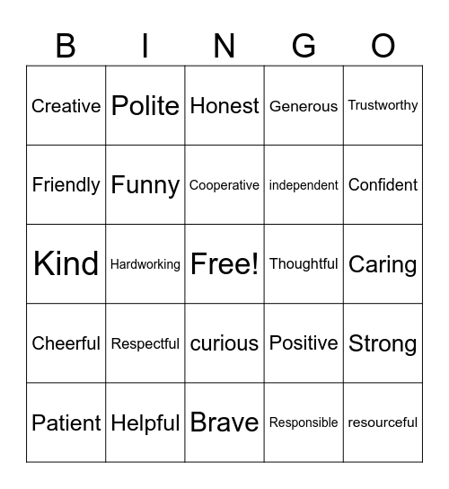 CHARACTER TRAITS Bingo Card