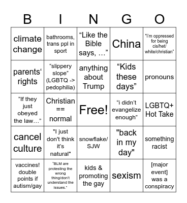 Ultimate Conservative Family Reunion Bingo Card