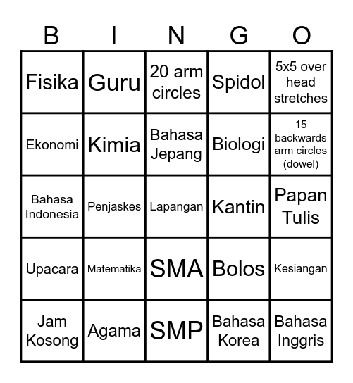 OT Strengthening Bingo Card