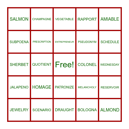 WORD BINGO Card