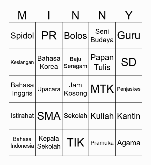Minny's Bingo Card