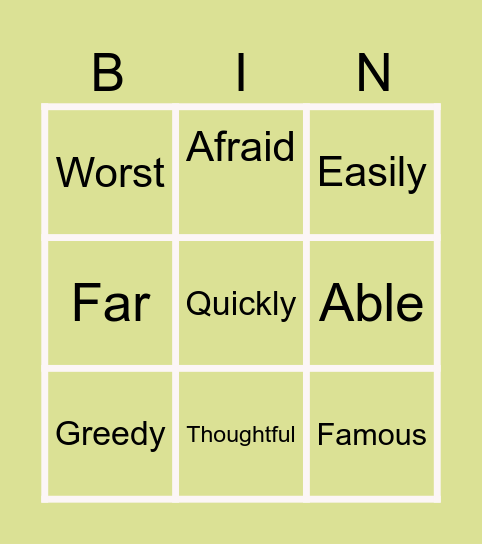 ADVERB & ADJECTIVE BINGO Card
