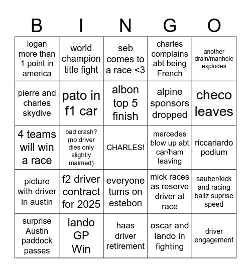 F1 2024 BINGO Card