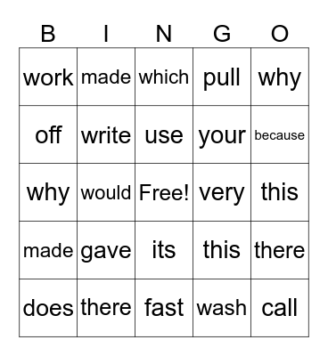 SIGHT WORDS Bingo Card