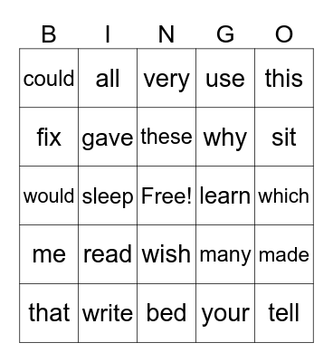 SIGHT WORDS Bingo Card