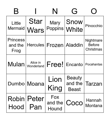 All Songs Disney Bingo Card