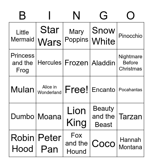 All Songs Disney Bingo Card