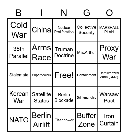 Early Cold War Bingo Card