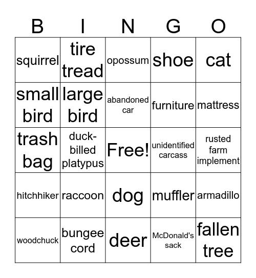 Roadkill & Trash Bingo Card