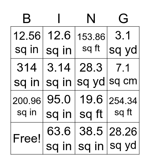 Area of Circle Bingo Card