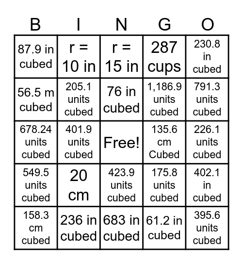 Volume for Cylinders and Cones Bingo Card