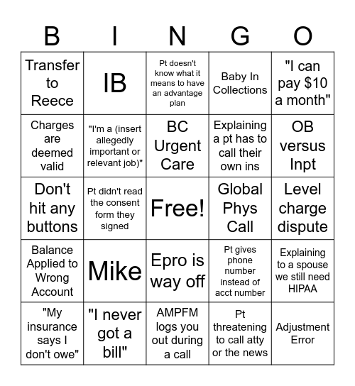 Billing Advocacy Bingo Card