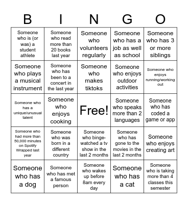 Get to know you BINGO Card