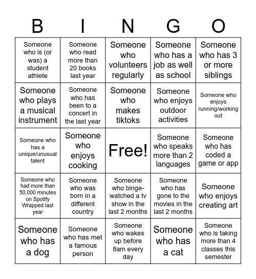 Get to know you BINGO Card