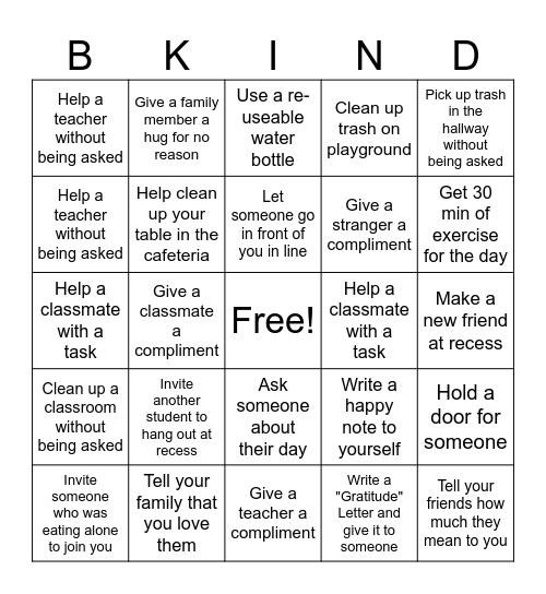 Week of Kindness Challenge Bingo Card