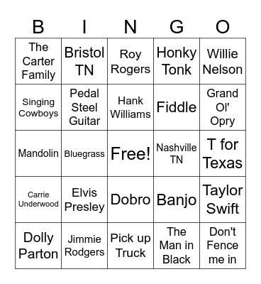 Country Music Bingo Card