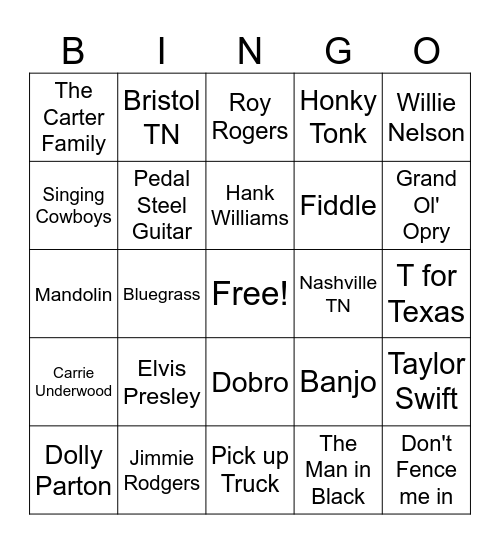 Country Music Bingo Card