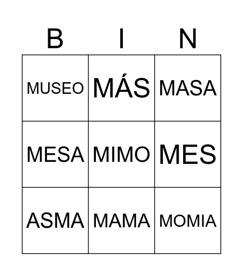 BINGO M, S , L Bingo Card