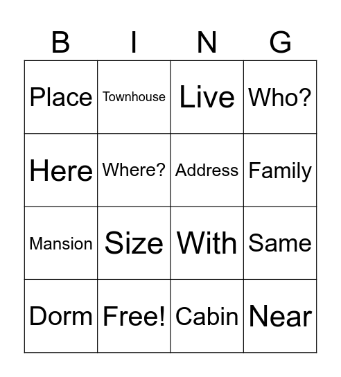 Housing Vocab Bingo Card
